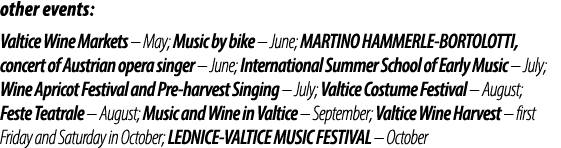 other events: Valtice Wine Markets – May; Music by bike – June; MARTINO HAMMERLE BORTOLOTTI, concert of Austrian oper...