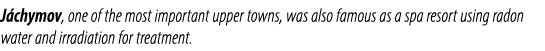 J chymov, one of the most important upper towns, was also famous as a spa resort using radon water and irradiation fo...