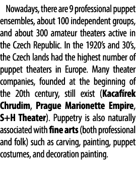 Nowadays, there are 9 professional puppet ensembles, about 100 independent groups, and about 300 amateur theaters act...