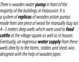 There is wooden water pump in front of the majority of the buildings in Holasovice. It is a system of replicas of woo...