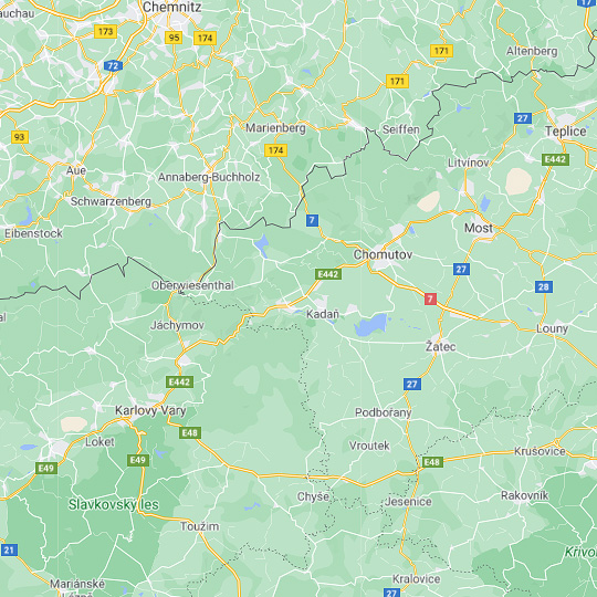 Hornický region Erzgebirge/Krušnohoří, zdroj: Mapy Google