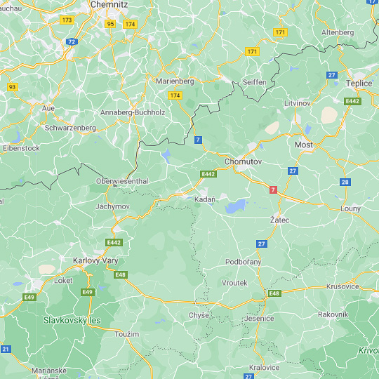 Hornický region Erzgebirge/Krušnohoří, zdroj: Mapy Google